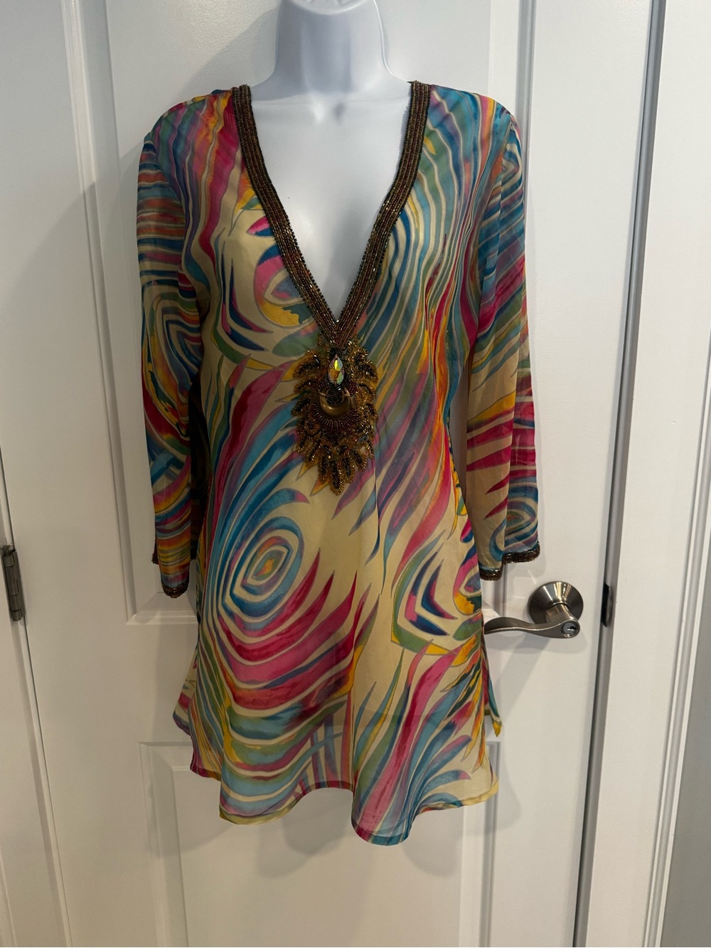 Embellished Multicolor V-Neck Swirl Print cover up  Tunic - Yellow Base